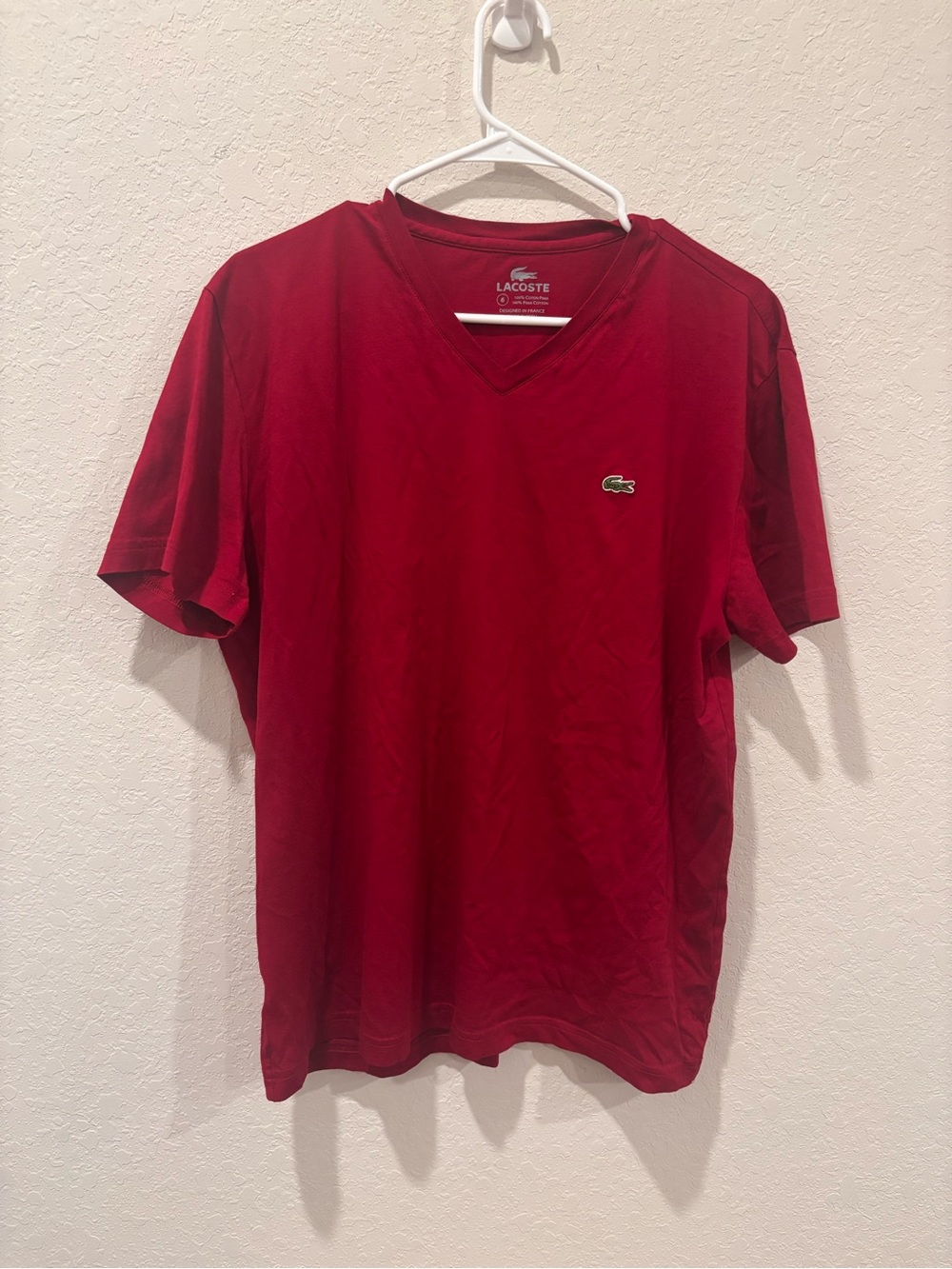 Lacoste Pima Cotton V-Neck T-Shirt Men XL 6 Red Crocodile Logo Classic Fit